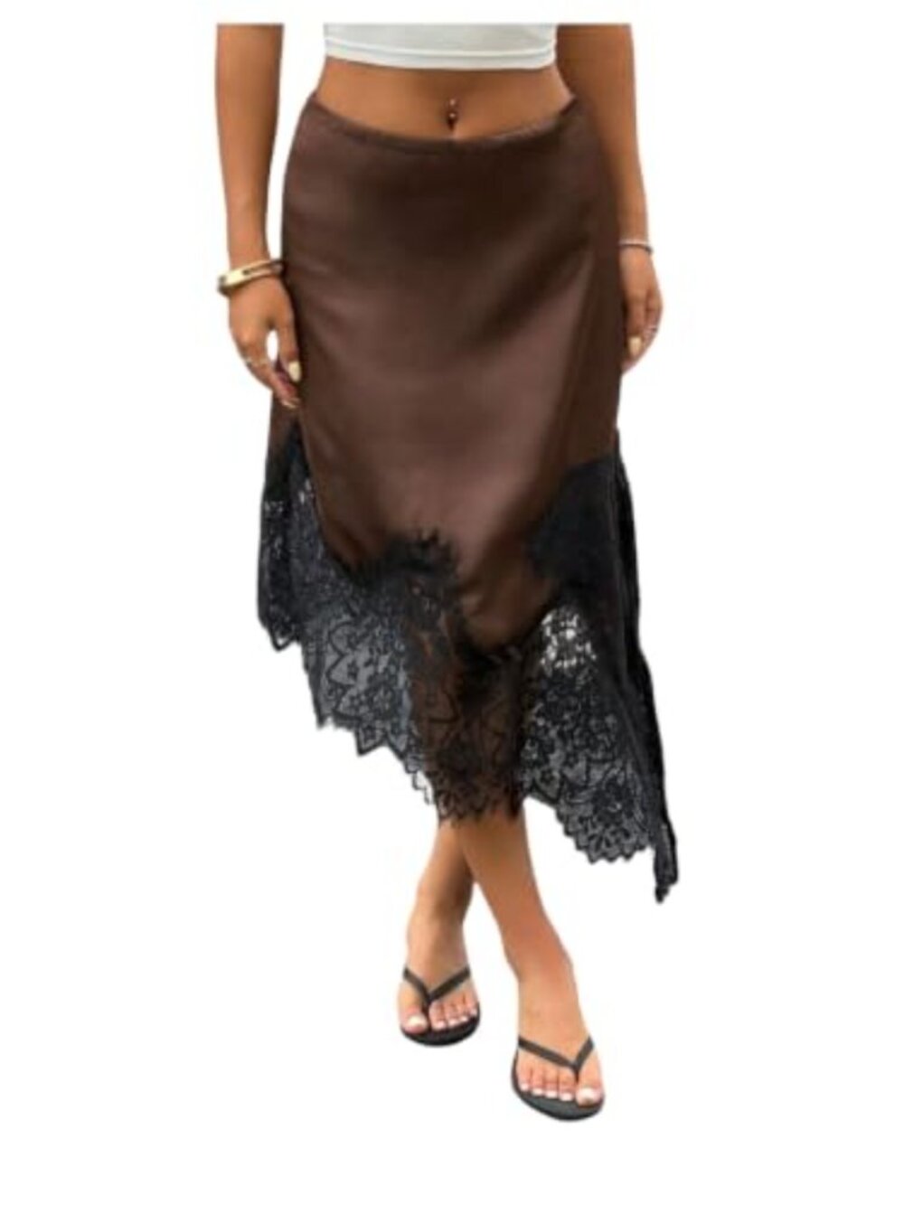 Elegant Satin Midi Skirt with Lace Trim and Asymmetrical Hem